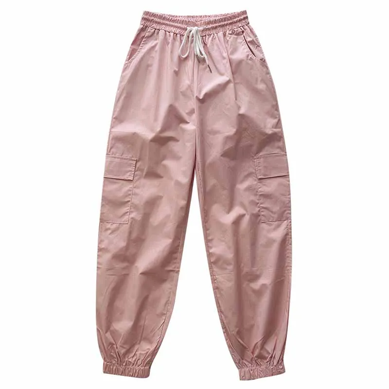 

Pink big pockets elastic high waist lace up wide loose and comfortable tooling style trousers