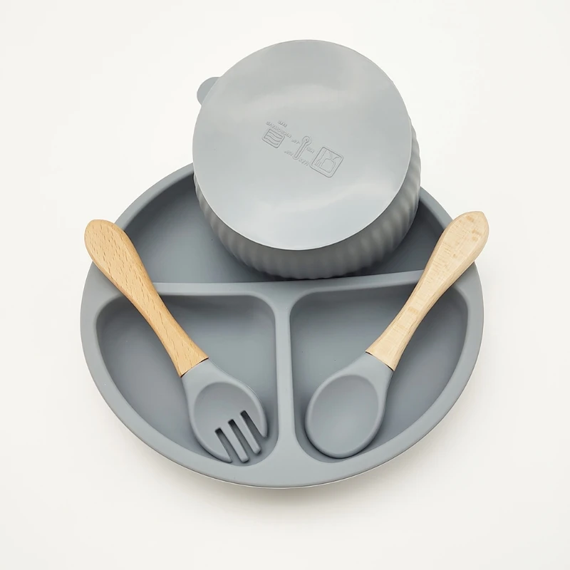 

4 Pcs Baby Silicone Divided Dinner Plate Sucker Bowl Spoon Fork Set Training Feeding Food Utensil Dishes Tableware Kit for