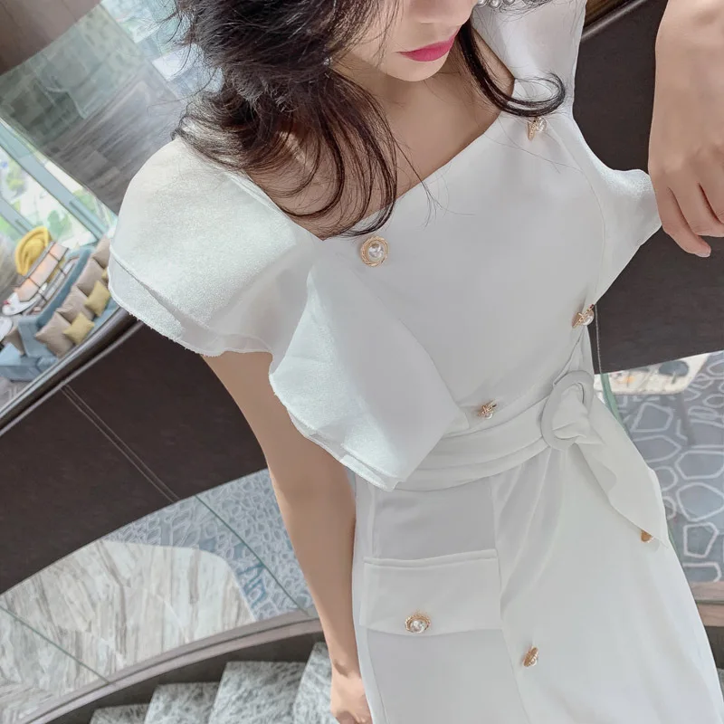 

2021 New Summer Hepburn Retro High Waist Ribbon Dress Long Knee Ladies French