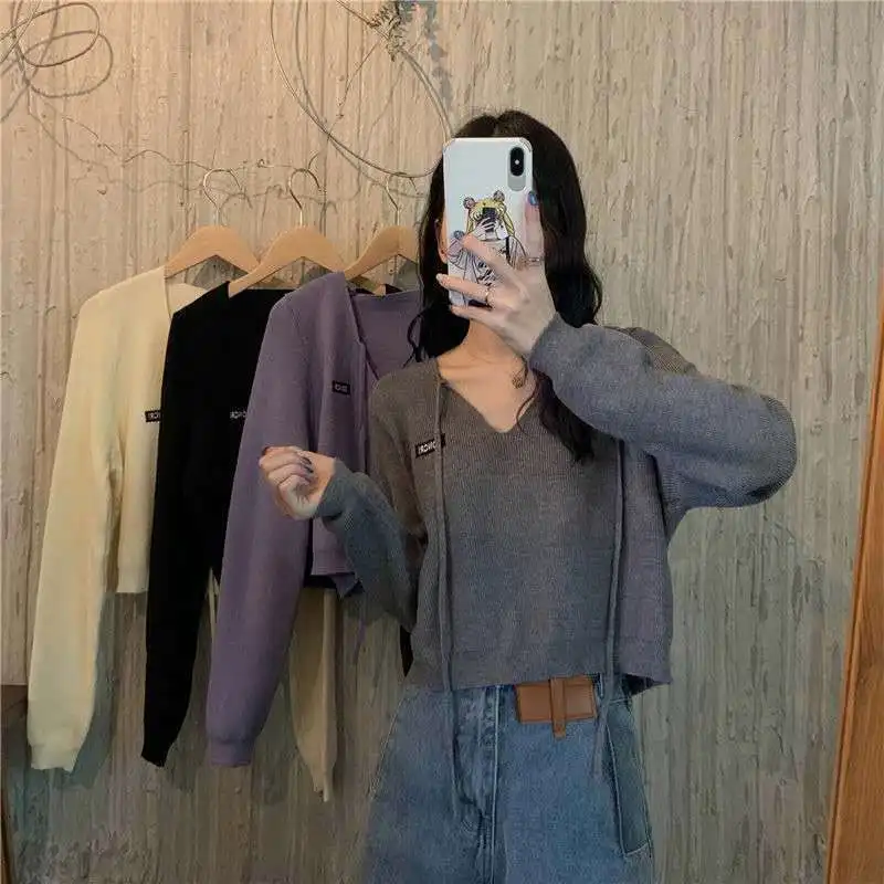 

Spring Fashion Thin Hooded Sweater Women Pullovers Casual Solid V-neck Ladies Knit Sweater Korean Full Sleeve Jumper Short Top