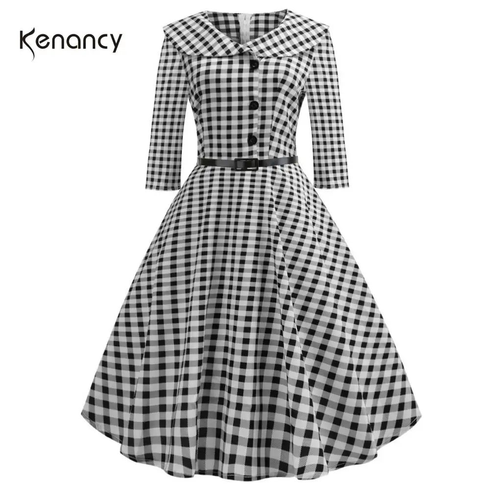 Женское клетчатое платье Kenancy 60s в стиле ретро с отворотом и рукавами 3/4 винтажное