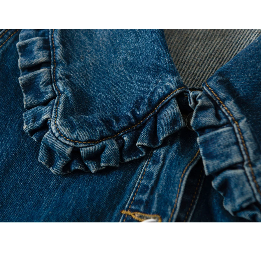

21 Spring New Style pleated collar baby collar with ruffles long sleeve denim shirts fashion retro V neck women denim shirts top