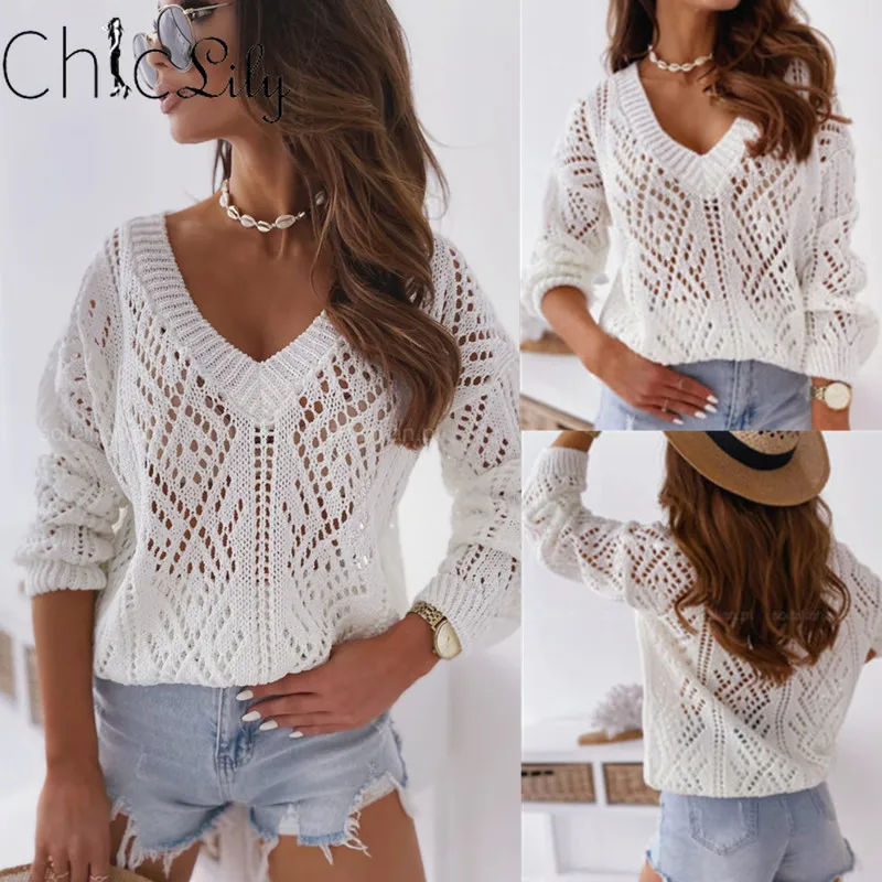 

Chiclily Hollow Out V-neck Knitted Pullover Sweater Design See Through Long Sleeve Solid Color Casual Loose Autumn Winter Top