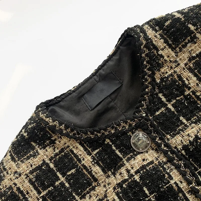 

Autumn Winter 2021 NEW Plaid Single Breasted Tassel Spliced Tweed Jacket Coat Women Loose England Style Fashion Woman Jacket