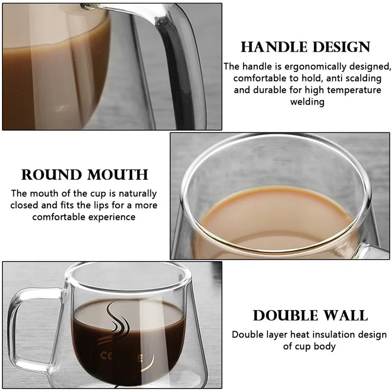 Прозрачная стеклянная кофейная чашка для молока виски чая пива двойная