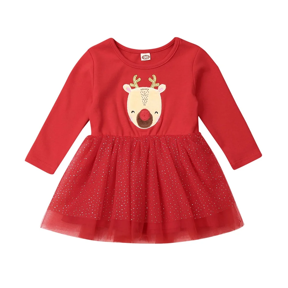 Emmababy, коллекция года, рождественское красное платье с оленем для маленьких девочек, рождественское хлопковое платье с длинными рукавами+ кружевное Повседневное платье-пачка праздничная одежда