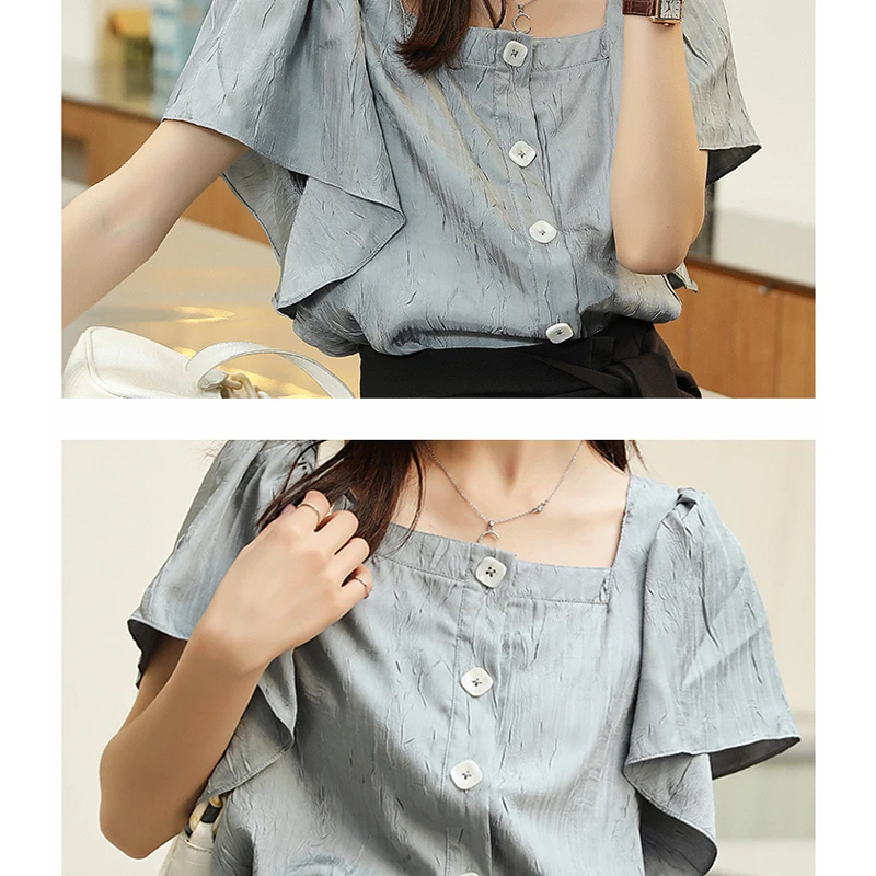

2021 Summer New Korean Tops Female Short Sleeve Women's Shirts Solid Square Collar Blouse Women with Button All-match 10082