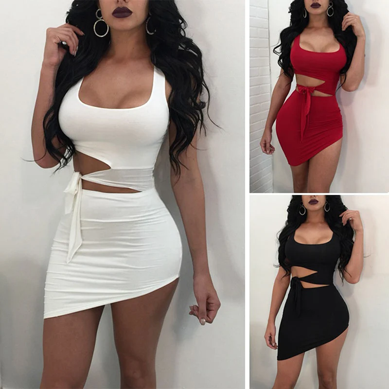 

Sexy Cutout Club Party Dress Belt Strapless Sleeveless Dress Mini Summer Dress Women's Slim Body Dress