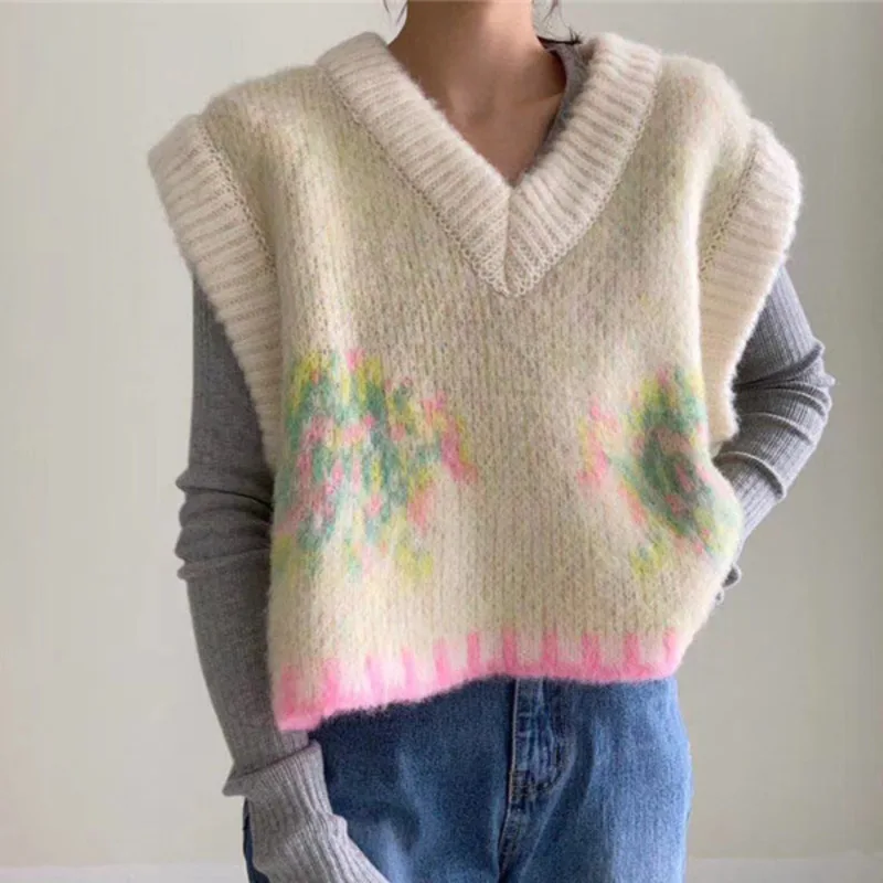 LANMREM 2022 корейский осенне-зимний вязаный жилет цветок узор контрастный цвет