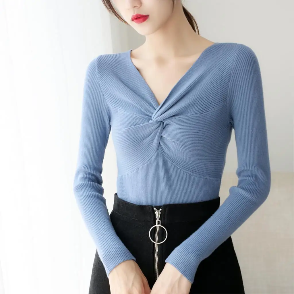 

Women knitted cotton 2019 Women Sweater Autumn and Winter New V-Neck slim Striped top Sweater Pullover Warm Soft Full Sleeve