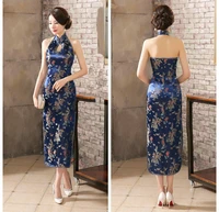 navy blue mandarin collar women chinese dress backless long satin qipao vintage button sexy cheongsam novelty stage show clothes
