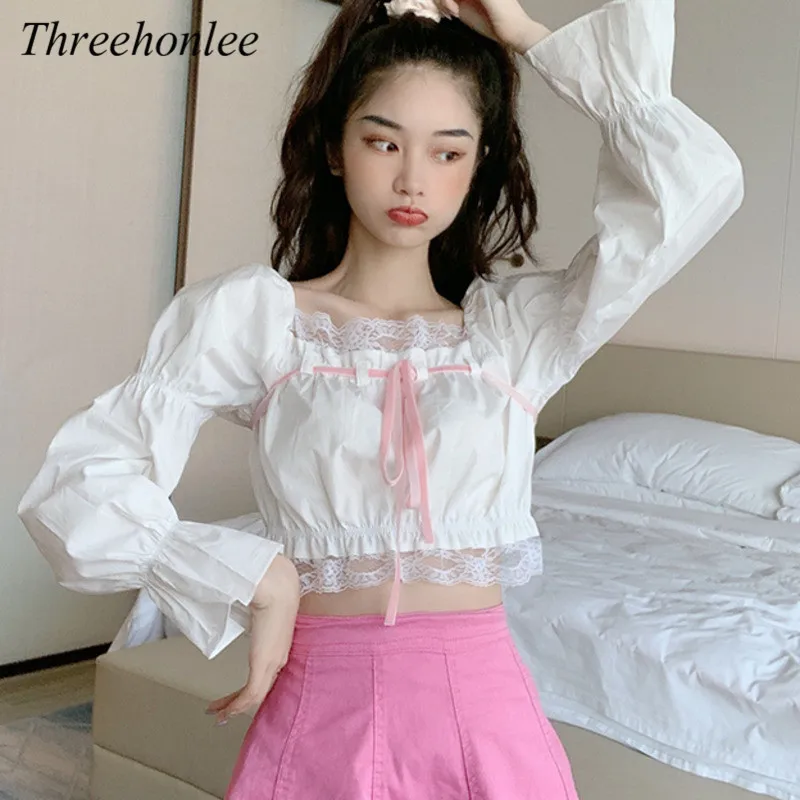 

Summer 2021 Women Blouse Sexy Slash Neck Sweet Ribbon Bow Shirt Blusas Petal Long Sleeve Lace Japanese Cute Female Tops
