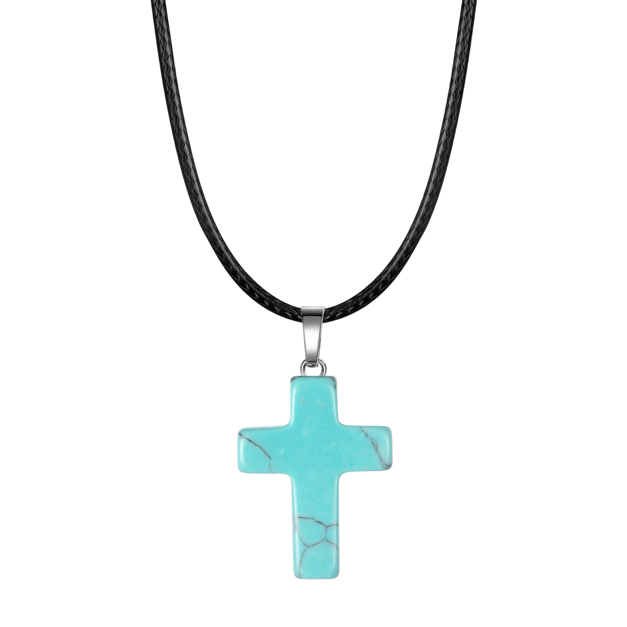 Натуральный каменный крест кулон ожерелье Женщины Мужчины 18 дюймов черный