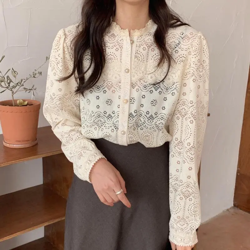 

Hollow Out Patchwork Lace Cotton Office Lady Vintage Gentle Free Embroidery Floral Sexy All-Match Elegant Shirt