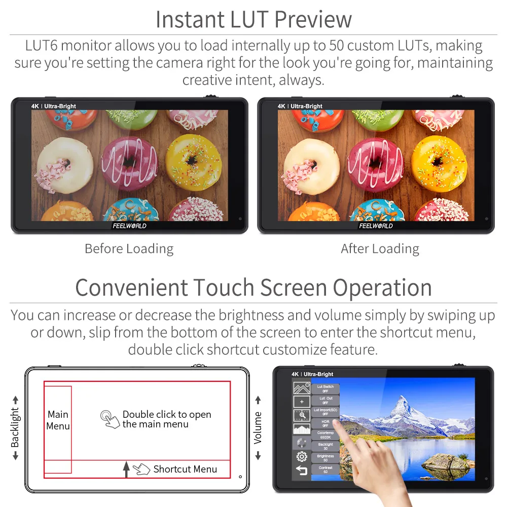 Billig FEELWORLD LUT6 6 Zoll 2600nits HDR 3D LUT Touchscreen Auf Kamera Feld DSLR Monitor Mit Wellenform VectorScope Für Youtube Live