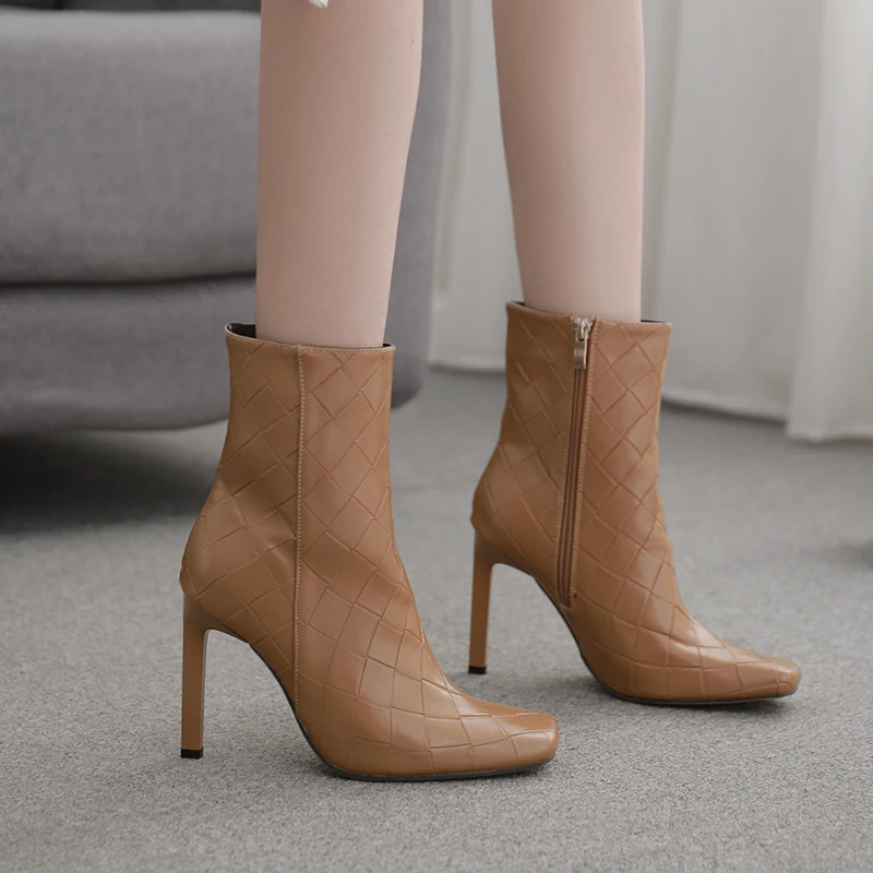 

New Square-toe Ultra-fine High-heeled Women's Short Boots Pure Color Plaid Pattern High-quality Women's Shoes Fashion Nude Boots