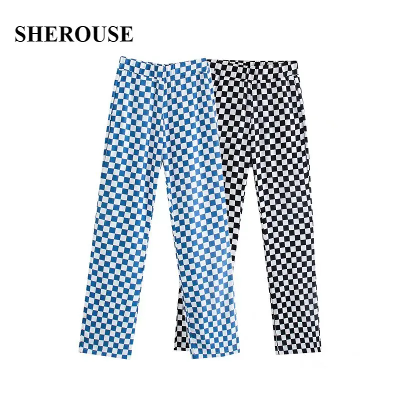 

SHEROUSE Women Fashion Plaid Slim Pants Vintage Hight-Waist Elastic Waist Casual Female Trousers Chic Pant