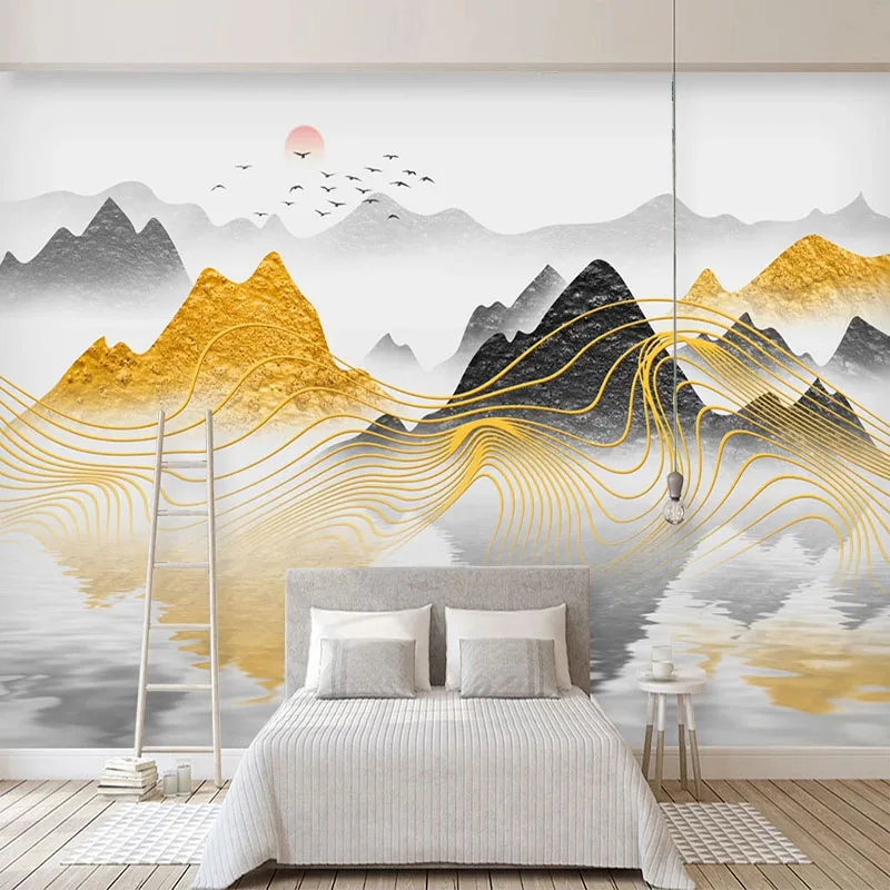 

Прямая поставка обои современные 3D абстрактные золотые линии Новый китайский стиль чернила пейзаж фото настенные фрески ТВ домашний Декор ...