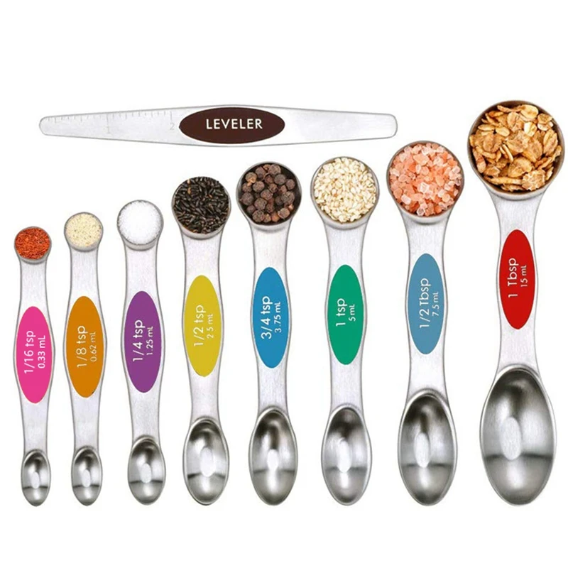 

Magnetic Double Head Stainless Steel Measuring Spoon 9-Piece Baking Tool with Scale Scraper Measuring Spoon