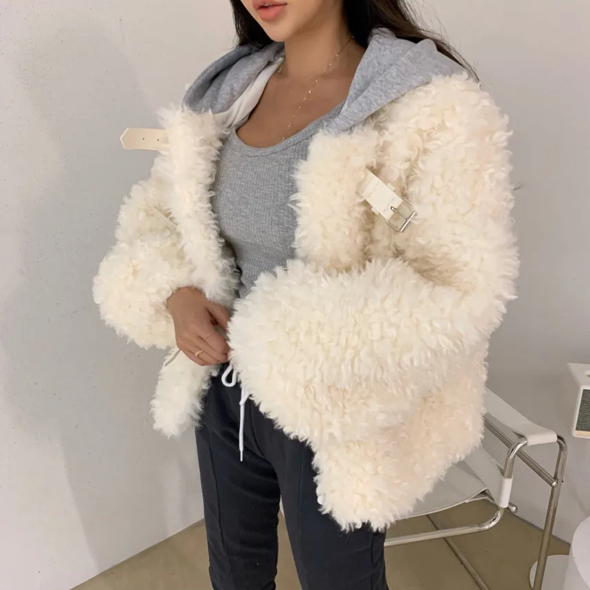 

Winter Fleece Coat Thick Lambswool Chic Loose Lace Up Cashmere Bomber Jacket Velvet Hooded Cardigan Crop Tops Jackets Chaquetas