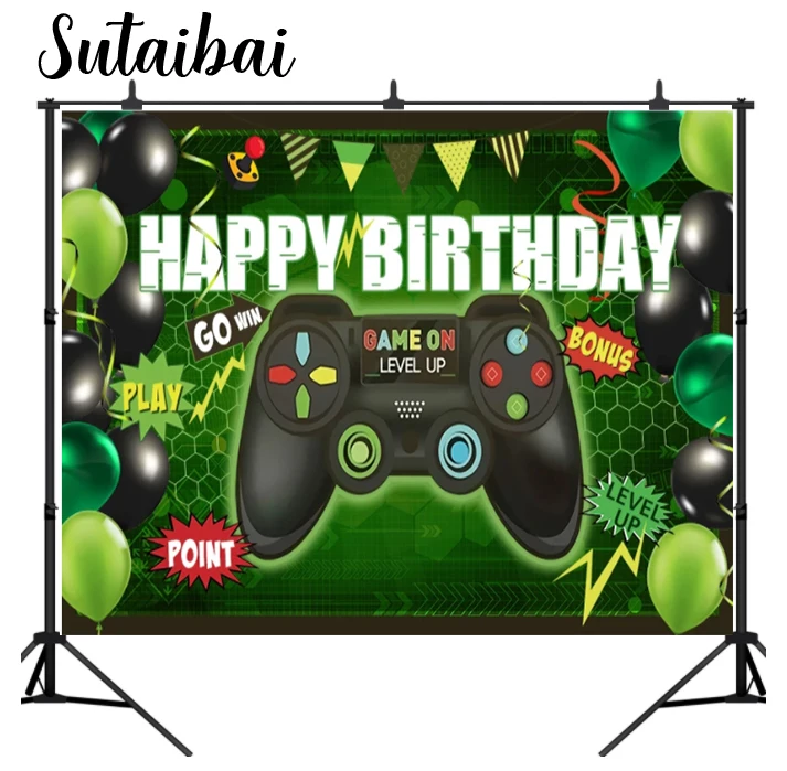 Photography Backgrounds Black Green Balloons Boys Game Theme Birthday Party Backdrops for Photo Studio Custom