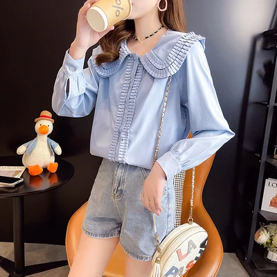 

Шифоновая женская блузка-поло, рубашка для девочек, летняя повседневная свободная однотонная блузка с длинным рукавом и модным принтом, ...