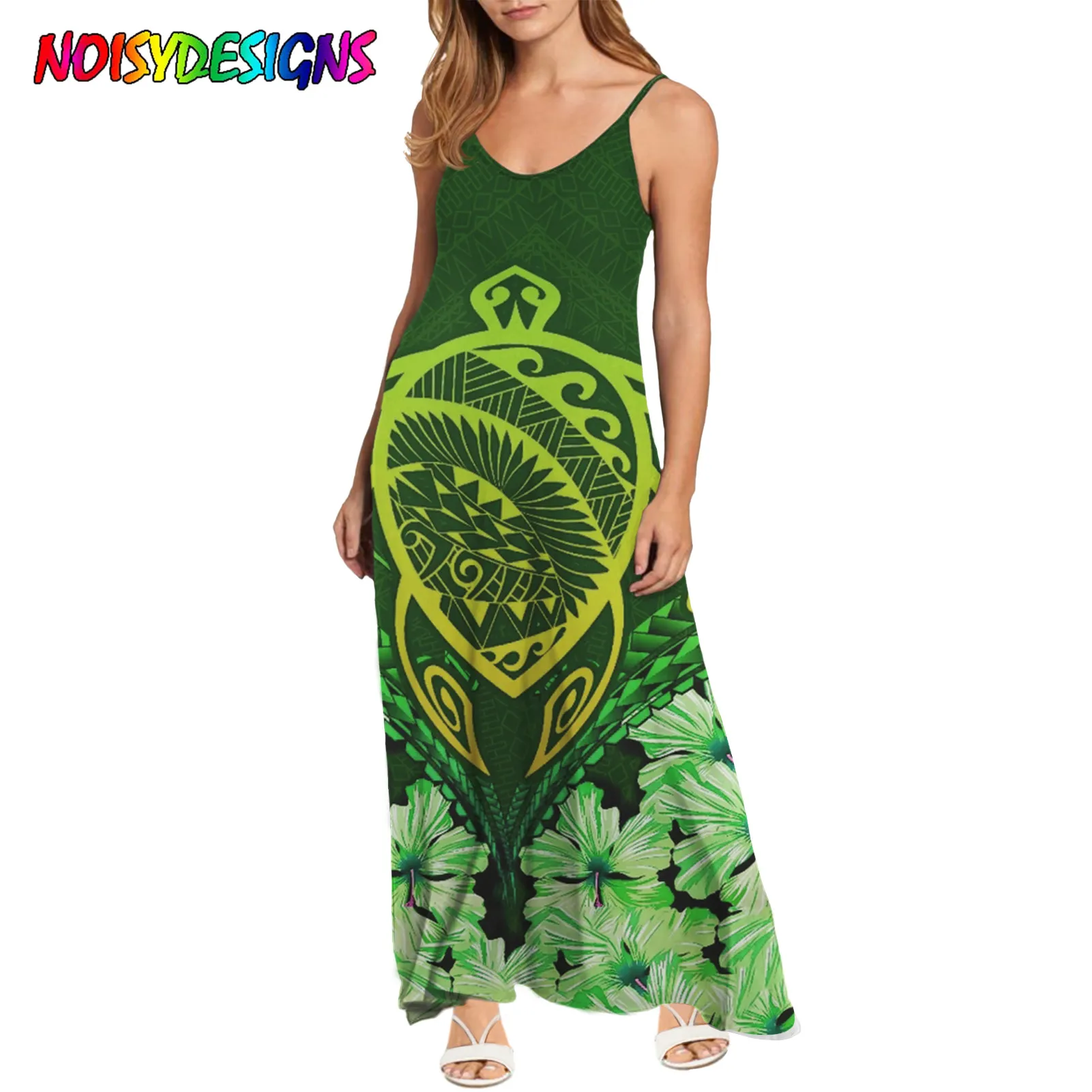 

NOISYDESIGNS Polynesian Hibiscus Turtle Floral Women's Long Dress Sleeveless V-neck Female Dresses Stylish Office Lady Vestidos