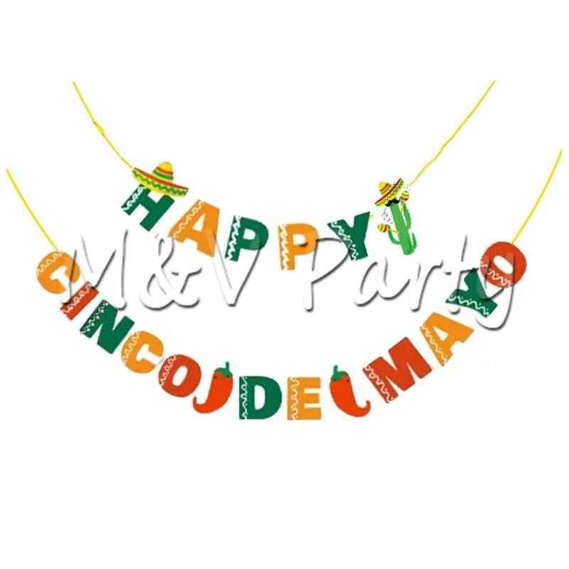 Украшения для вечеринки в мексиканском стиле: вытягиваемые цветы, соломенная шляпа, перец-кактус, вставки для торта, флаги с надписью "May".