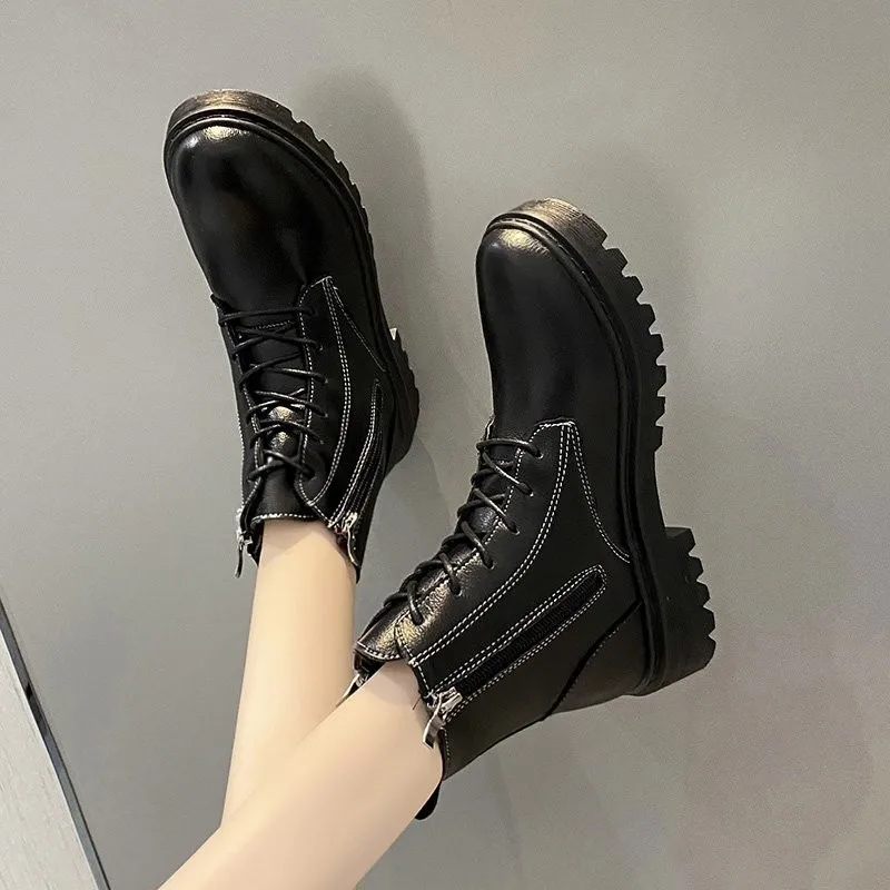 Autumn Winter Women Fashion Lightweight Comfortable Round Toe Shoes Ladies Lace-up Thick-soled Non-slip Women's Platform Boots