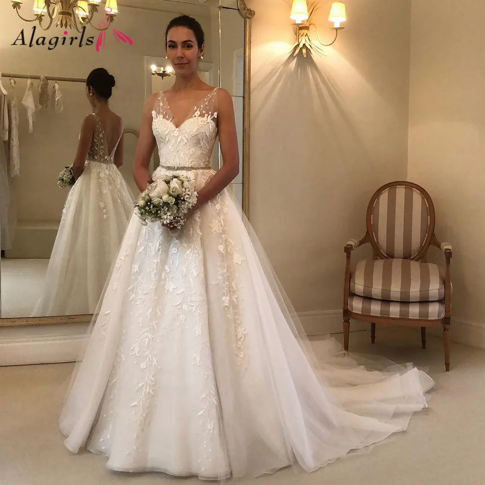 

Иллюзия аппликации свадебное платье с v-образным вырезом 2020 элегантное ТРАПЕЦИЕВИДНОЕ ПЛАТЬЕ de mariee сексуальное платье для невесты без спин...