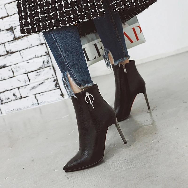 

JK Crystal Metal Decor Women Ankle Boots Pointed Toe Stiletto Heel High Shoes Black Sexy Zip Bootie Fashion Casual Non Slip Boot