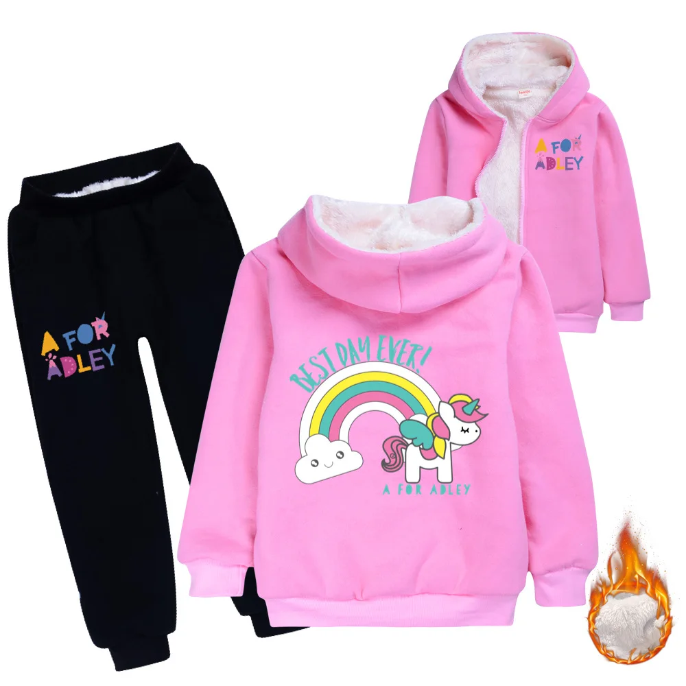 Teen Girls Clothing Winter Kids Sets Solid Color Plus fleece Warm Jacket+pants Casual Children's Sweatershirt Sport Boy Clothing