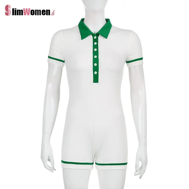 

2021 Romper Blue Collar Short Sleeve Female Jumpsuit Summer Shorts Jumpsuit Women Overalls Sexy Bodycon Short Pants Woman Outfit