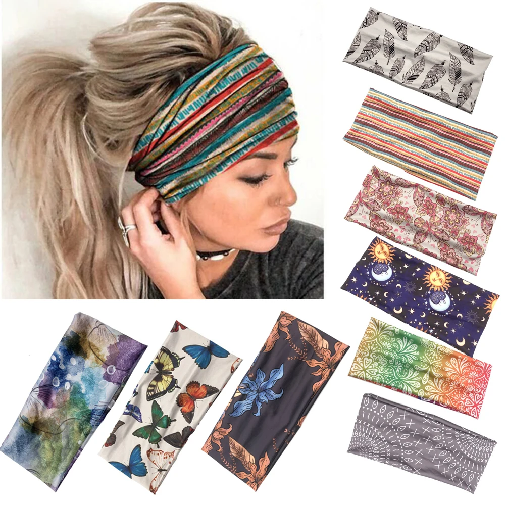 

Women Printing Wide Elastic Turban Headwraps Sports Yoga Gym Stretch Headband Girl Cross Turban Bandage Bandanas Hairbands Hair