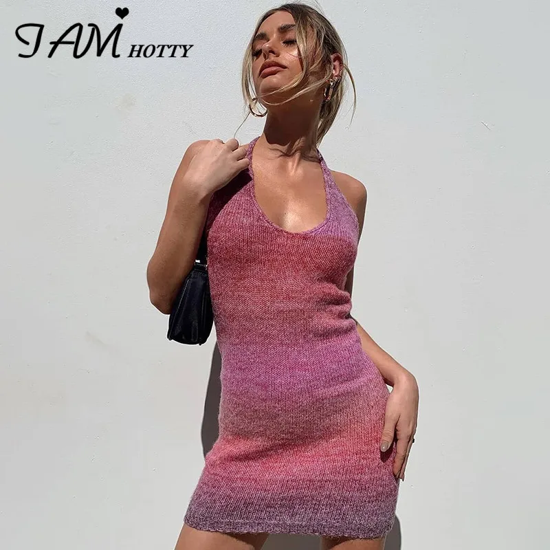 

Iamhotty Vintage Colorful Knitted Halter Mini Dress Women Elegant Party Beach Sundress Outfits Bodycon Sexy Bandage Dresses 90s