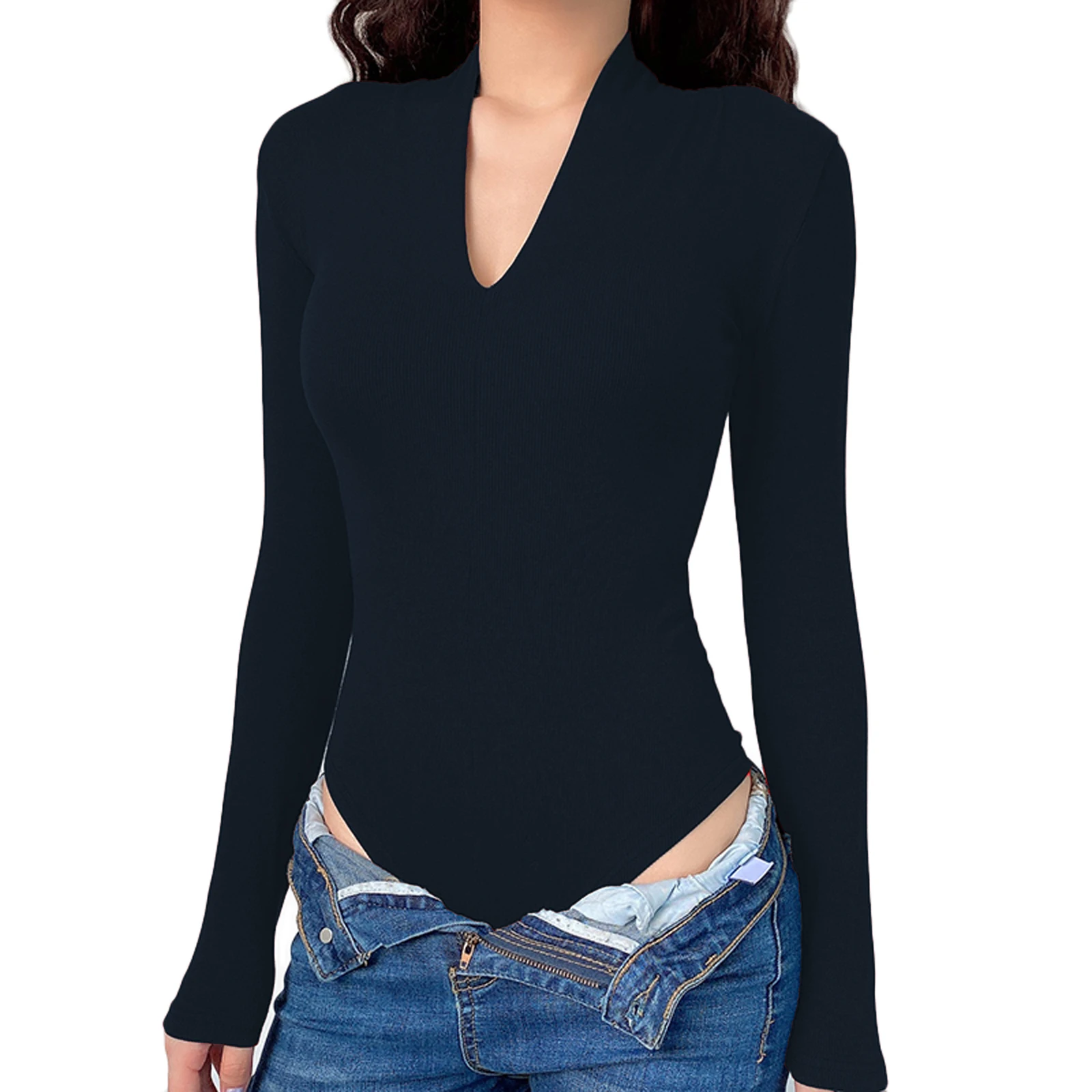 

Hirigin 2021 Women\u2019s Casual Elegant Long Sleeve Bodysuit Fashion Solid Color Deep V-neck Tight Jumpsuit Streetwear