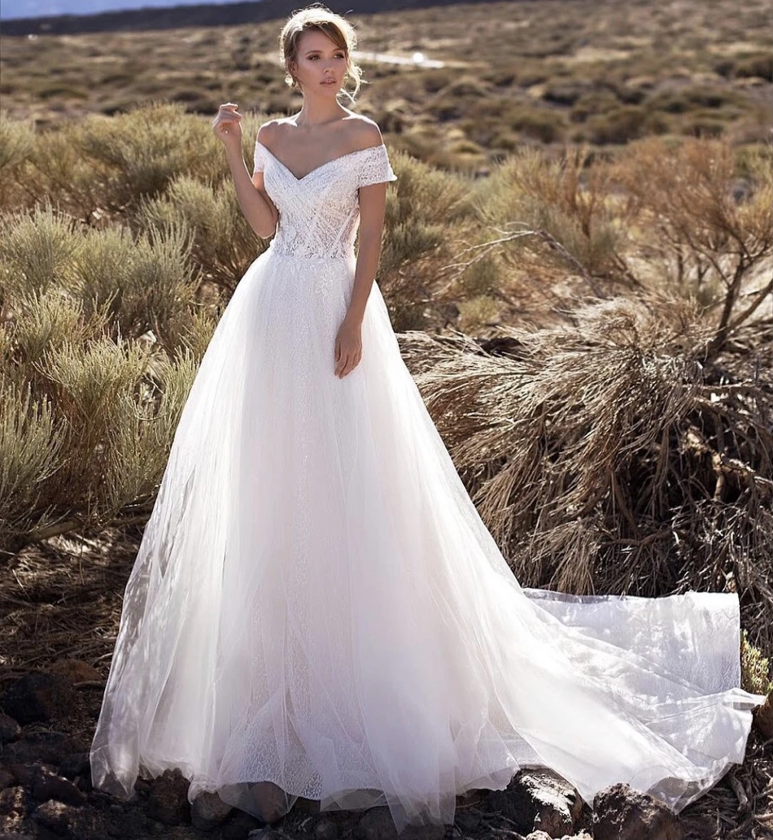 

Boho Wedding Dress A-Line V-Neck Off Shoulder Lace Appliques Sequined Criss-Cross Backless Floor Length Sweep Train Bride Gown