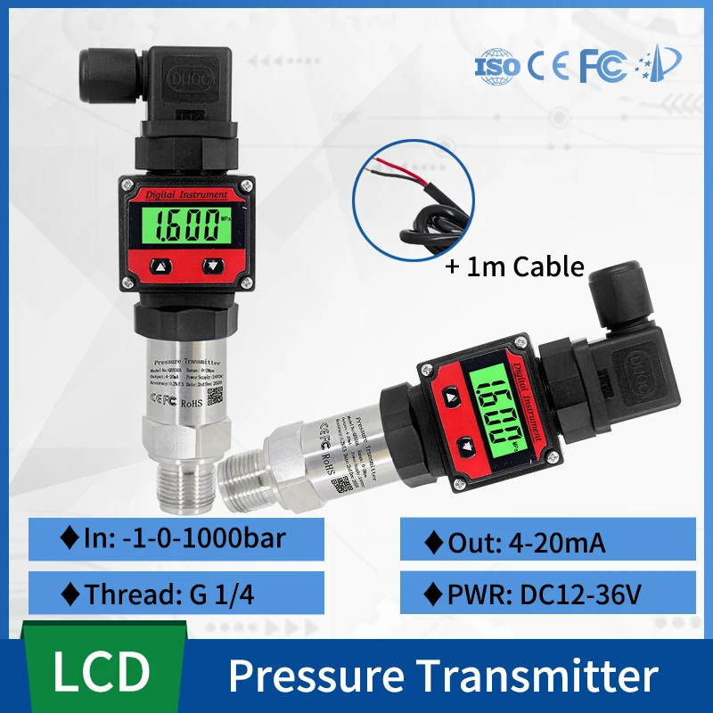 

LCD -1-0-1000bar Pressure Measurment 4-20ma Output Water Tank Oil Gas Pressure Transmitter G1/4 Thread Connector With 1m Cable
