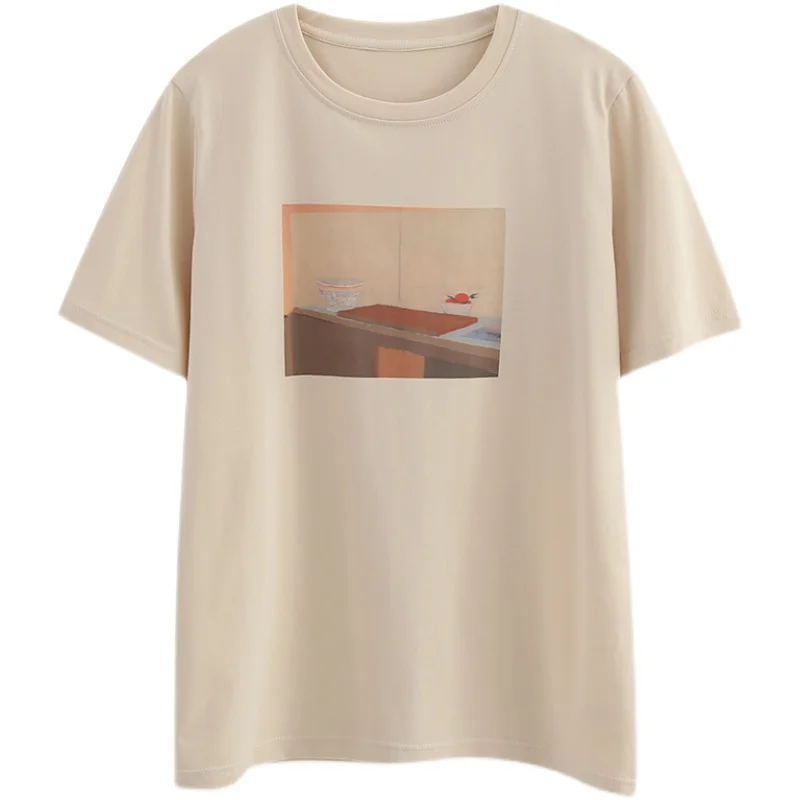 

Summer new style Korean casual retro oil painting print loose short sleeve T-shirt women