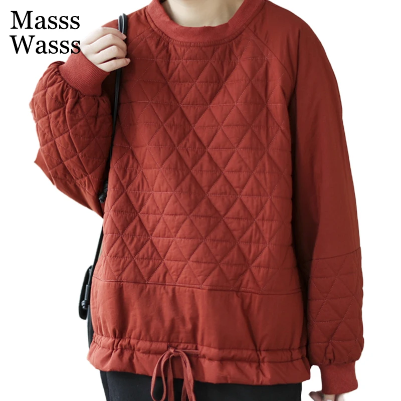 

Masss Wasss 2021 Winter Womens Loose Casual Padded Sweatshirts European Style Ladies Solid Design Hoodies O-Neck Vintage Clothes