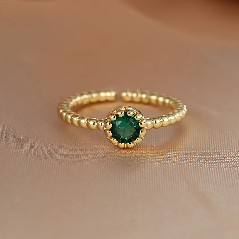 

14K Gold Cute Open Ring for Women Green Blue Round Zircon Ring Thin Adjustable Finger Rings Jewelry Wedding Birthday Gift Charms