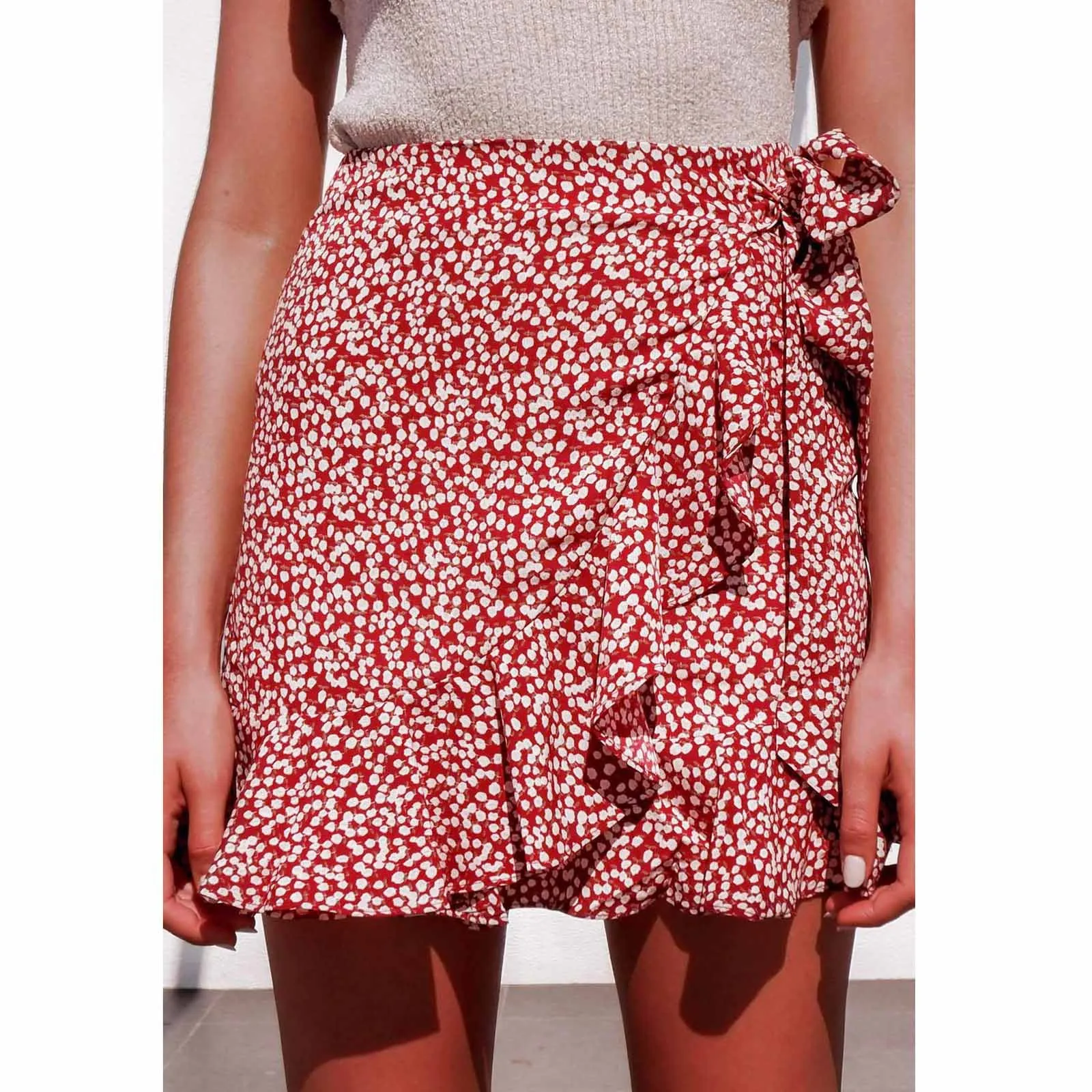 

2021 Summer Women Bohemia Floral Dot Print Chiffon Skirt Minifalda Ruffles Boho Plus Size Chiffon Beach Mini Skirt -