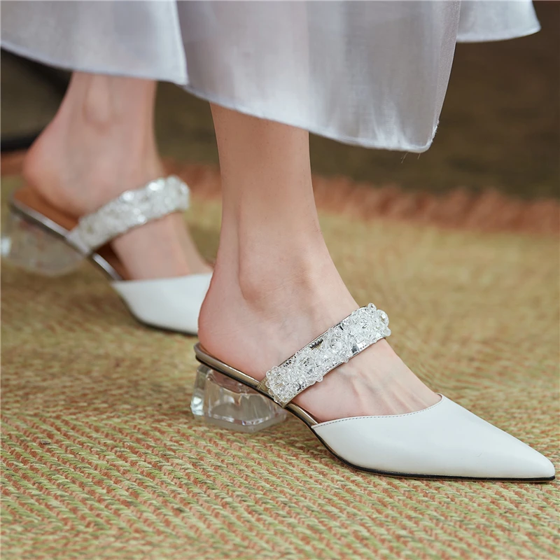 

COVIBESCO Summer Pointed Toe Women Sandals High Quality Genuine Leather High Heels Casual Slippers String Bead Mules Shoes Woman