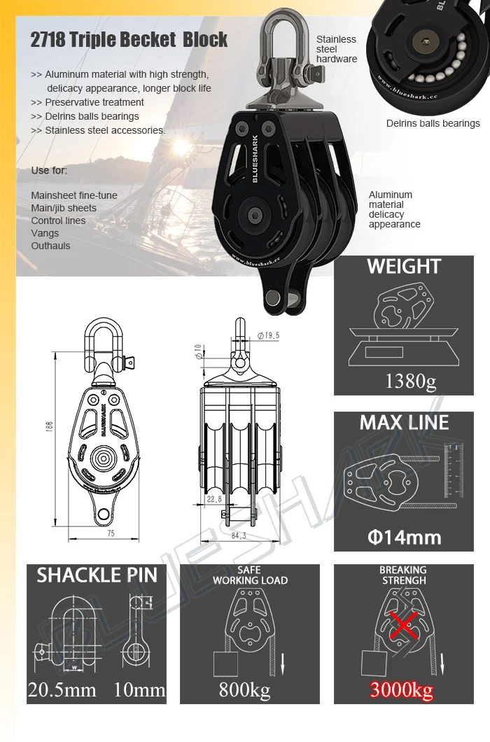 Оборудование для парусника 75 мм 3-дюймовый алюминиевый тройной блок 2718