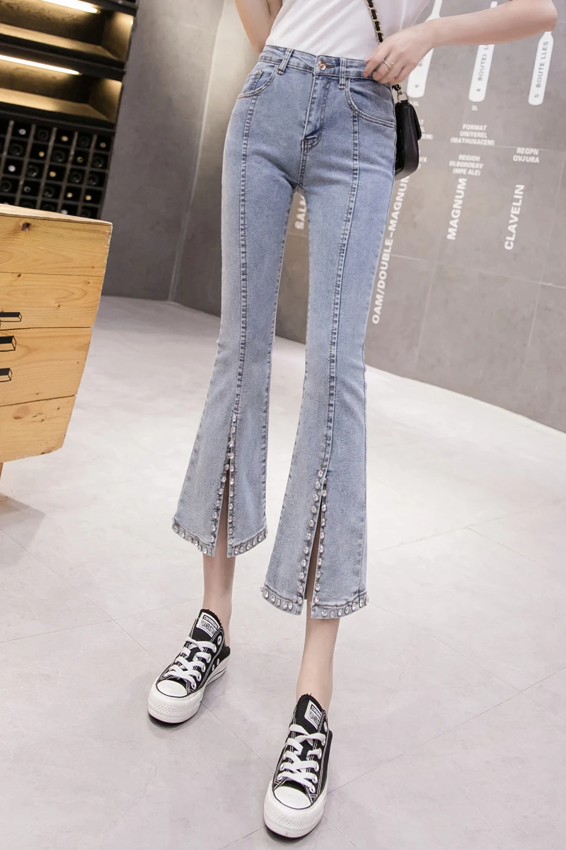 

2020 New Fashion All-match Diamond Set Heavy Industry Jeans Women's Slim Split Micro-Bell-bottom Pants Streetwear Jeans Woman