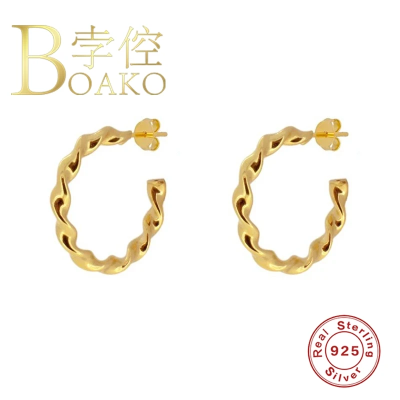 

BOAKO Hook Twist Stud Earrings For Gifts 925 Sterling Silver Earrings For Women Gold Pendientes Brincos Aretes Fine Jewelry Aros