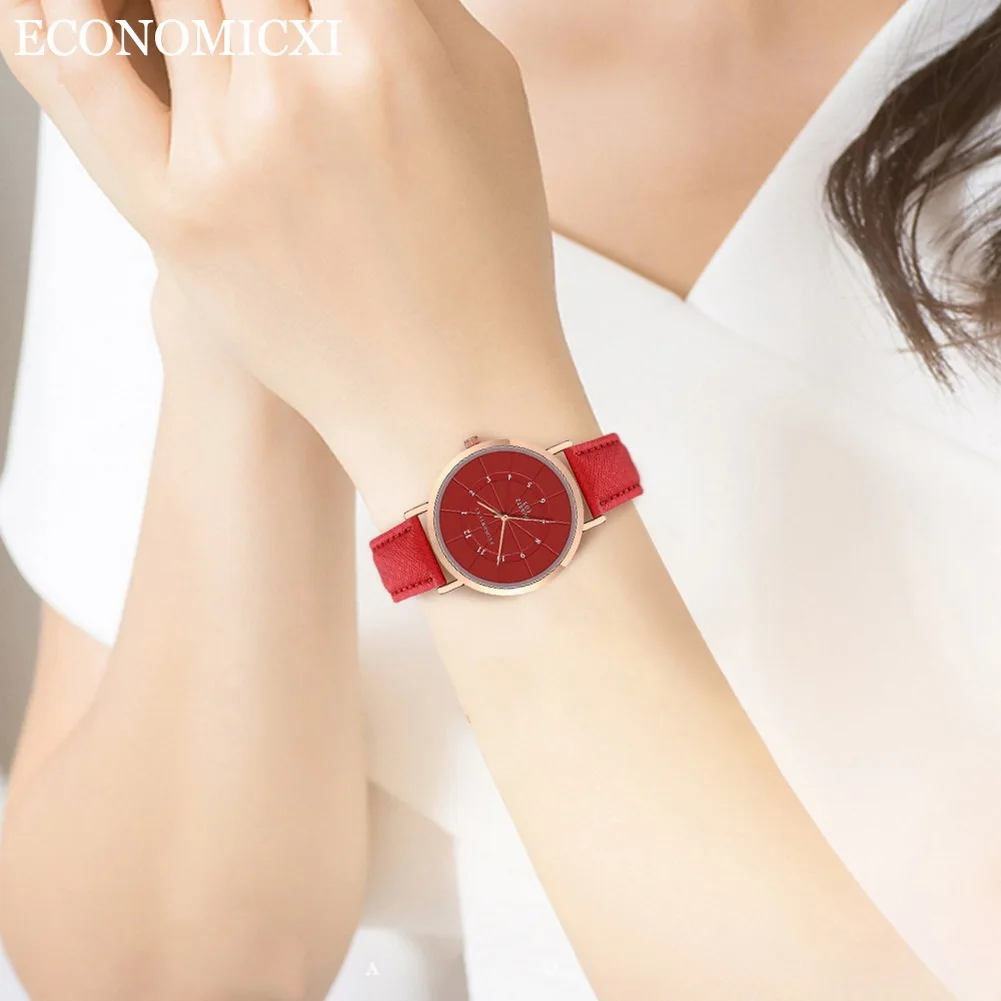 Популярные женские классические кварцевые часы с кожаным ремешком простые