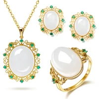 foydjew new colorful treasure jewelry sets simulation white jade stone pendant necklaces earrings open ring set for women