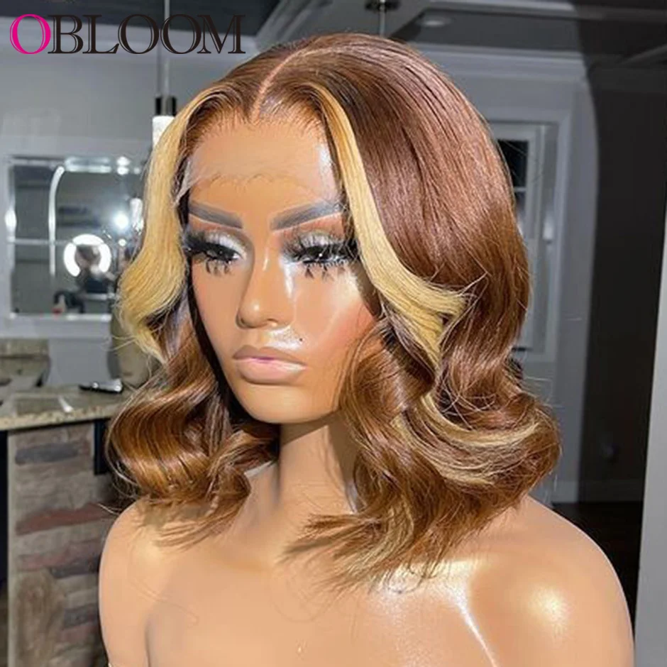 

Highlight Lace Front Human Hair Wigs Short Bob Wig Body Wave 4x4 Lace Closure Wig 150% Pre plucked Bleached Knots Wigs for Women