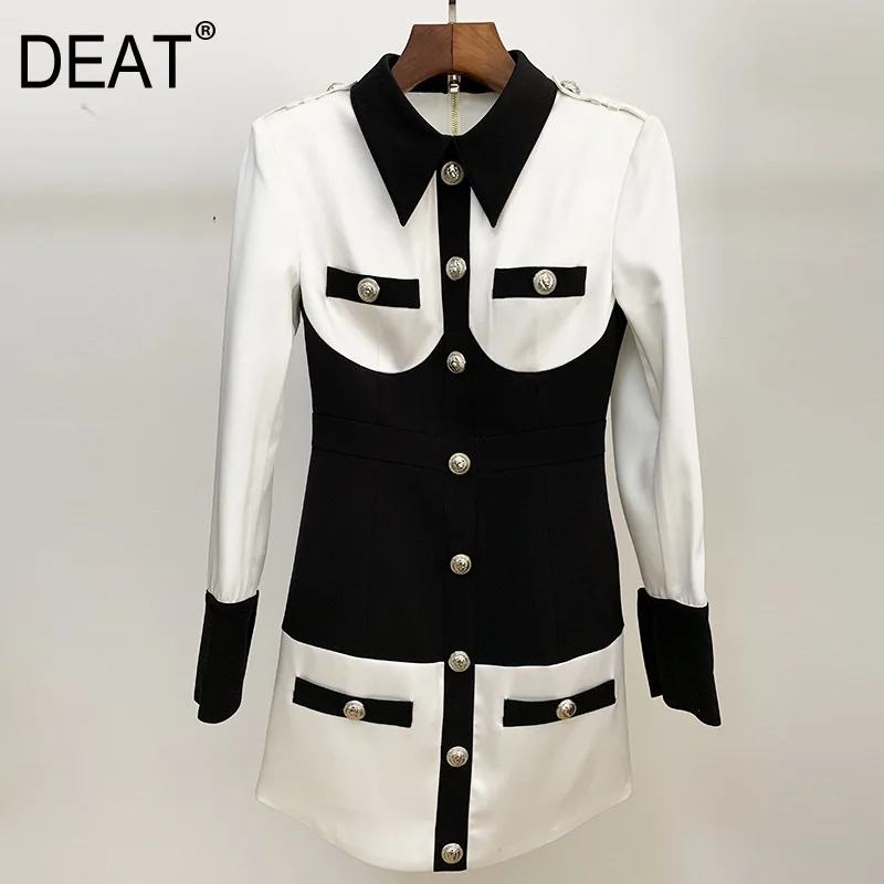 

[DEAT] lapel collar color contrast balck and white single breasted Satin bread hip dress high street mall goth 2021 spring GX432
